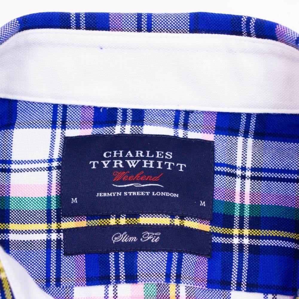 Charles Tyrwhitt Slim Fit Mens M Blue Plaid Oxford LS Button Front Weekend Shirt - Picture 4 of 9